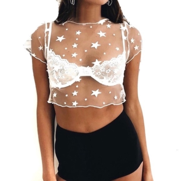 Star mesh coverup crop top blouse in white - Picture 3 of 8